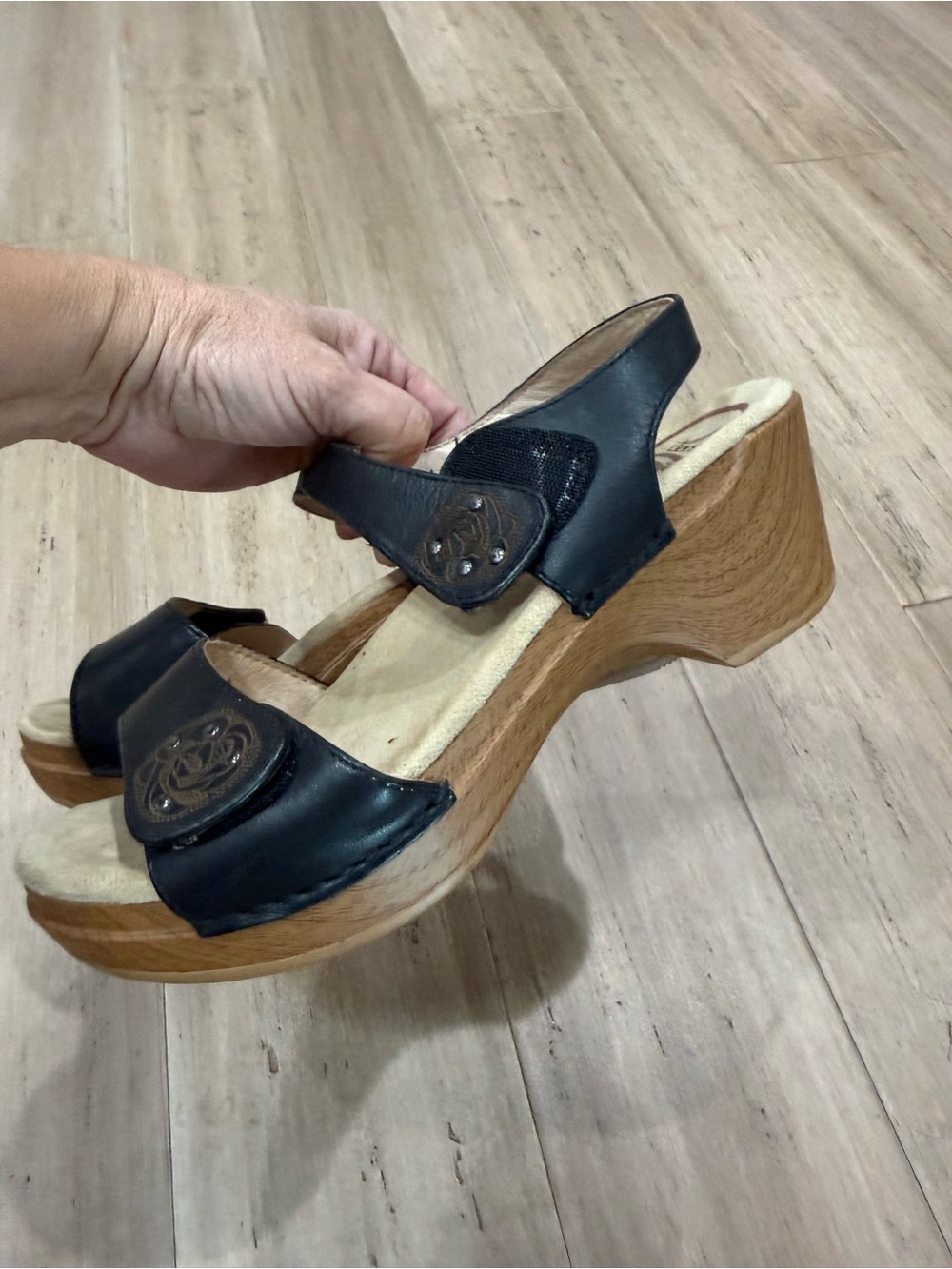 Dansko Black Leather Platform Sandals with Wood-Effect Wedge